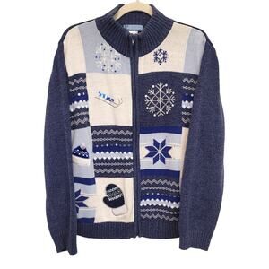 Winter Sweater Mittens Skates Snowflake Full Zip Classic Elements Women’s XL